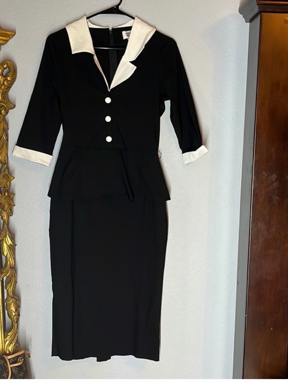Unique Vintage Black Pencil Skirt Suit with White Trim